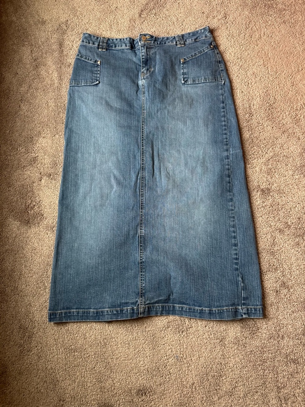 Cato Denim Skirt SIZE 12 Blue Midi Length High Rise Stretch Back Slit Casual